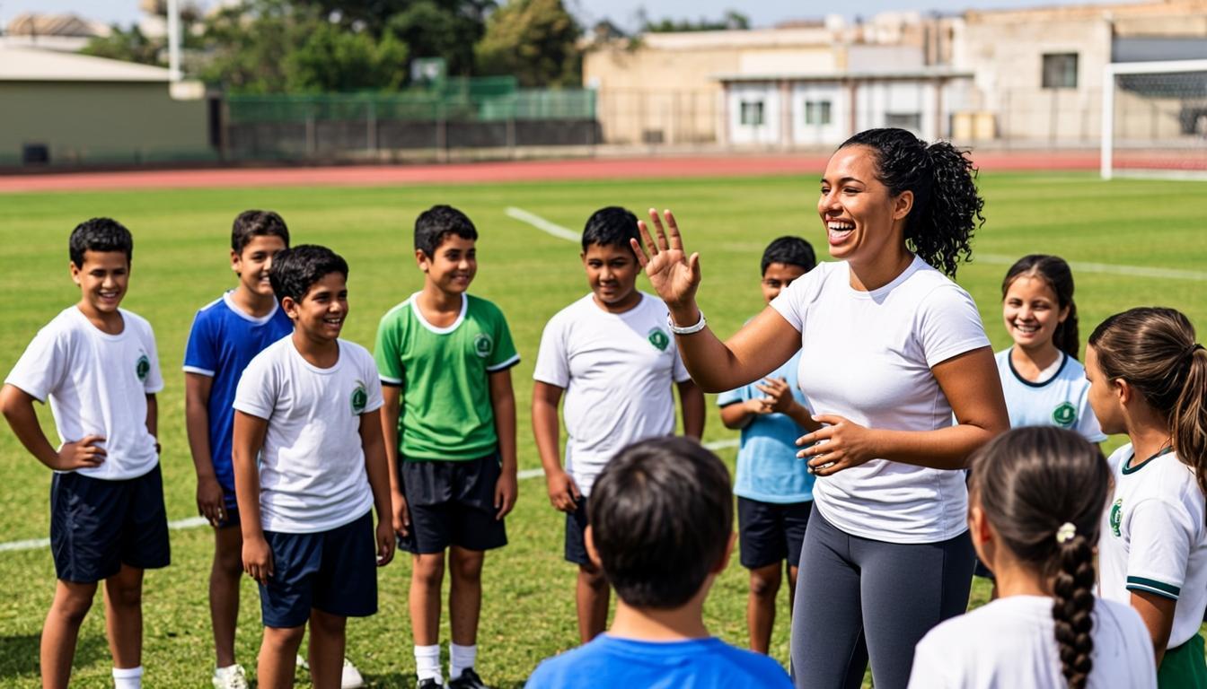 Givago orientando jovens em atividade esportiva escolar.
